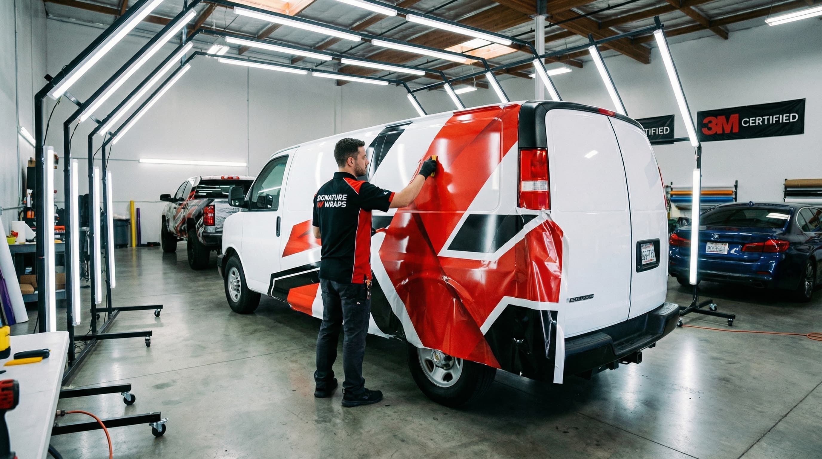 Professional installer wrapping a commercial vehicle on-site