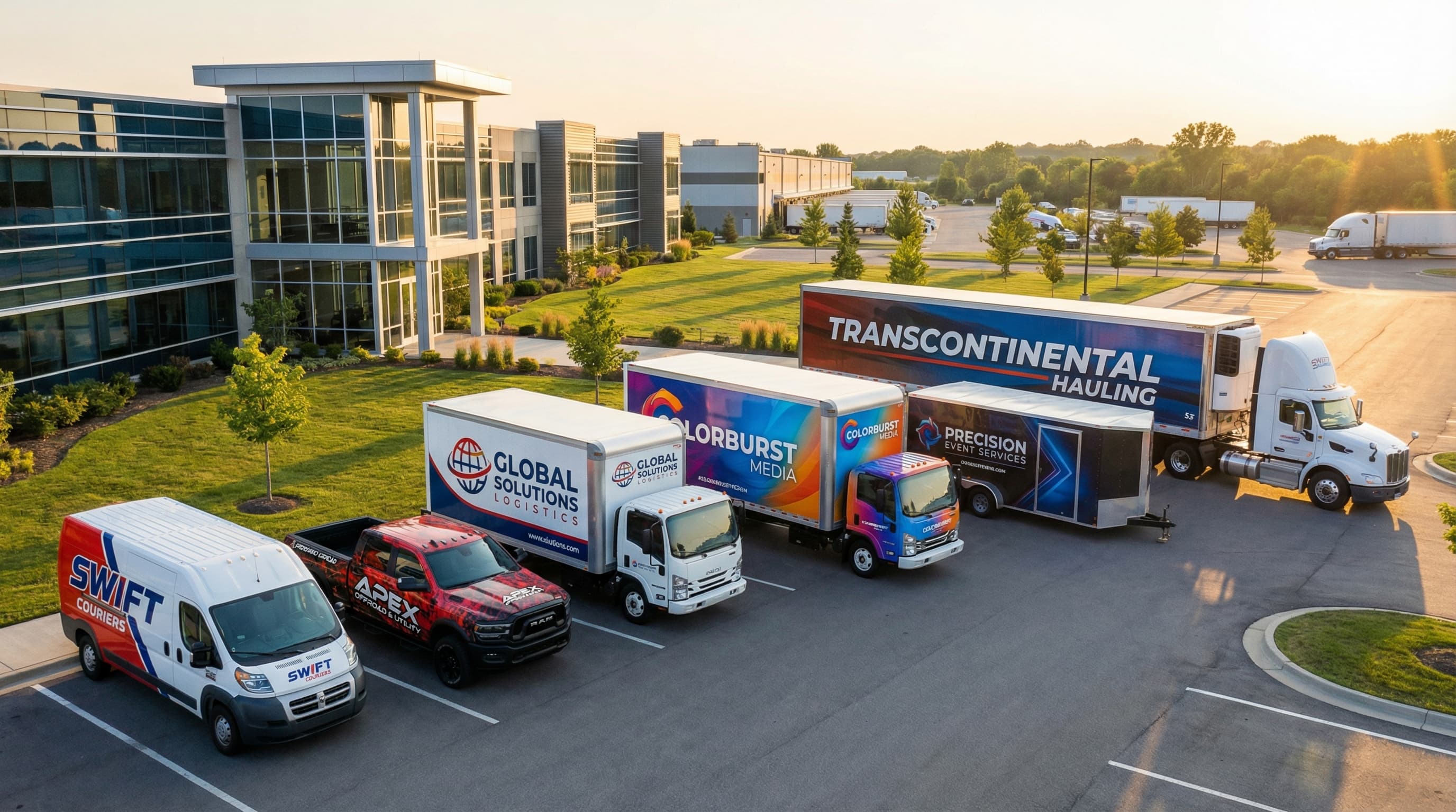 Professional fleet of 6 branded commercial vehicles — van, pickup, box trucks, trailer, and semi